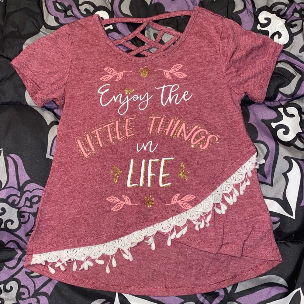 Girls Graphic Tee with Lace Trim